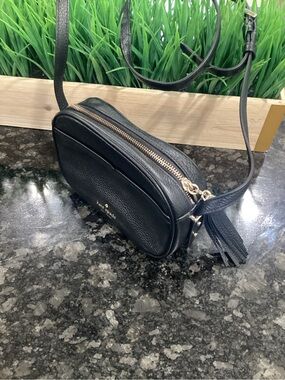 kate spade Black Pebbled Leather Crossbody Camera Bag with Tassel